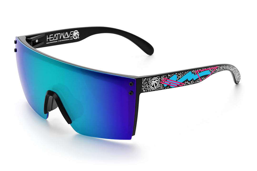 Heat Wave Visual Lazer Face Sunglasses with black frame, static print arms and galaxy blue lens.