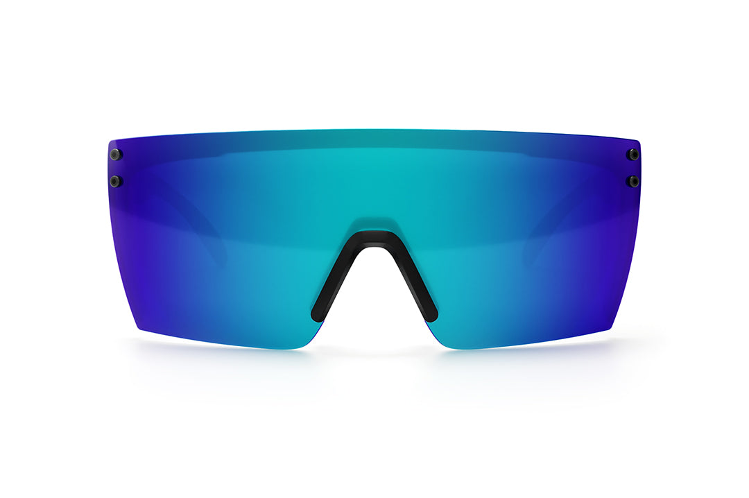 Front view of Heat Wave Visual Lazer Face Sunglasses with black frame, static print arms and galaxy blue lens.