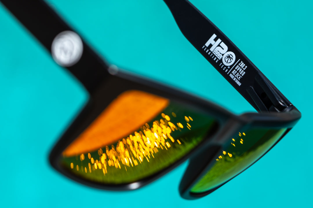 H2O marking on inside of arm of Heat Wave Visual Vise Floating Sunglasses.