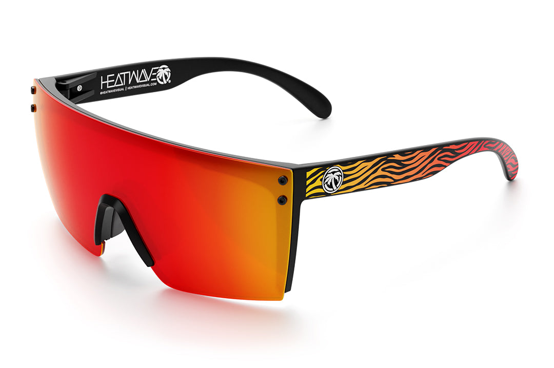 Heat Wave Visual Lazer Face Sunglasses with black frame, tiger fire print arms and sunblast orange yellow lens.