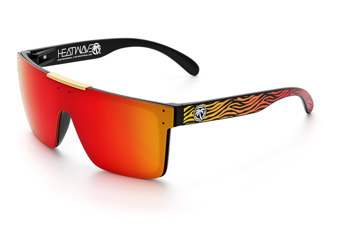 Heat Wave Visual Quatro Sunglasses with black frame, tiger fire print arms and sunblast orange yellow lens.
