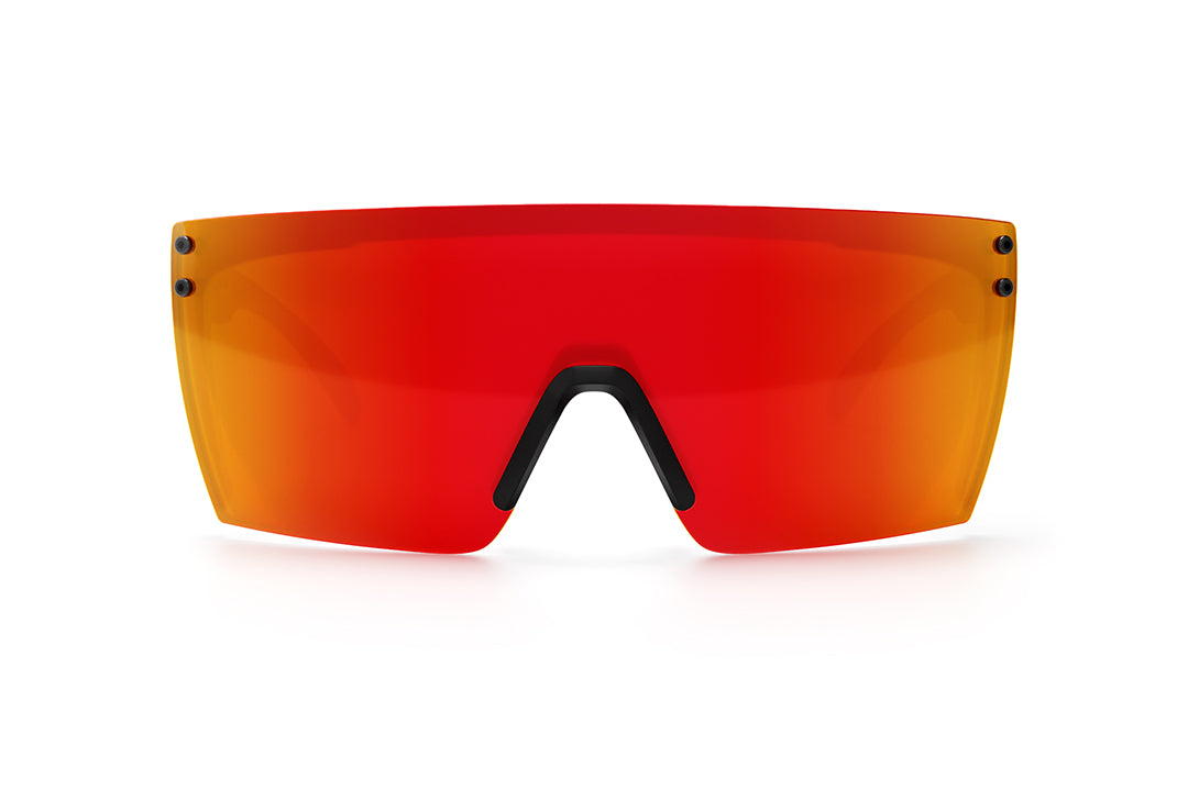 Front view of Heat Wave Visual Lazer Face Sunglasses with black frame, tiger fire print arms and sunblast orange yellow lens.