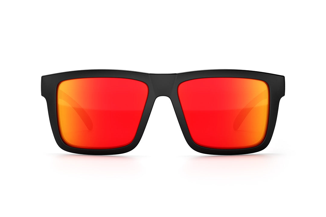 Front view of Heat Wave Visual XL Vise with black frame, Tiger fire print arms and sunblast orange yellow lenses.