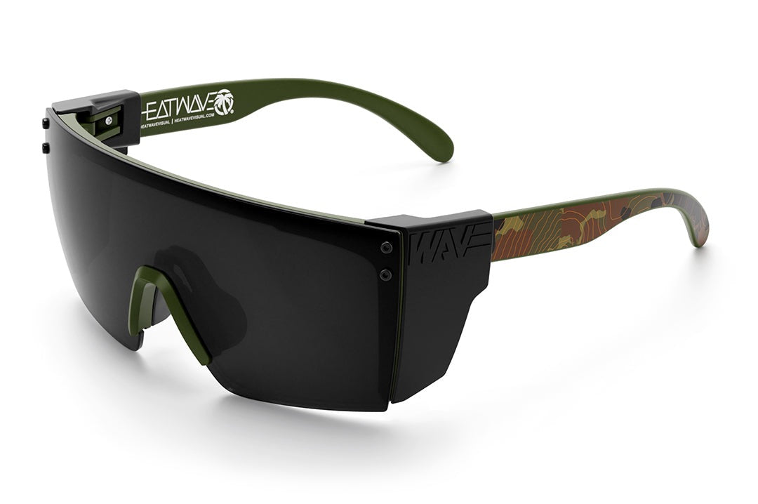 Heat Wave Visual Lazer Face Z87 Sunglasses with OD green fame, topo camo print arms, black lens and black side shields.
