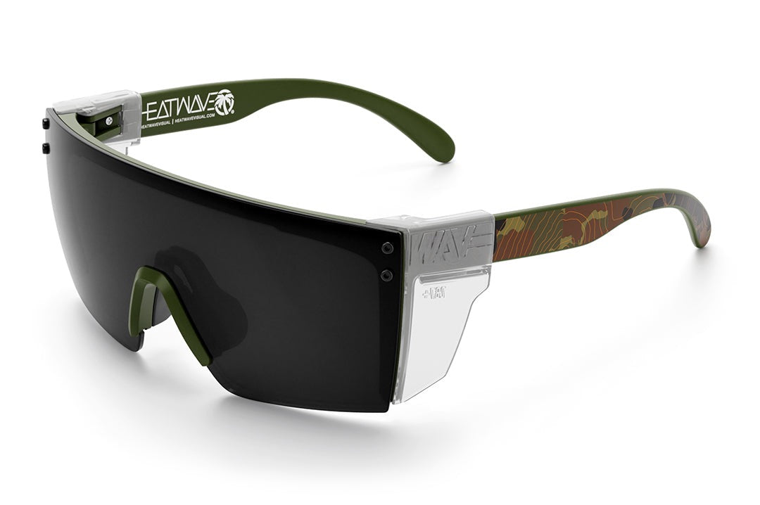 Heat Wave Visual Lazer Face Z87 Sunglasses with OD green fame, topo camo print arms, black lens and clear side shields.