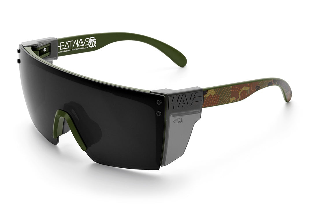 Heat Wave Visual Lazer Face Z87 Sunglasses with OD green fame, topo camo print arms, black lens and smoke side shields.