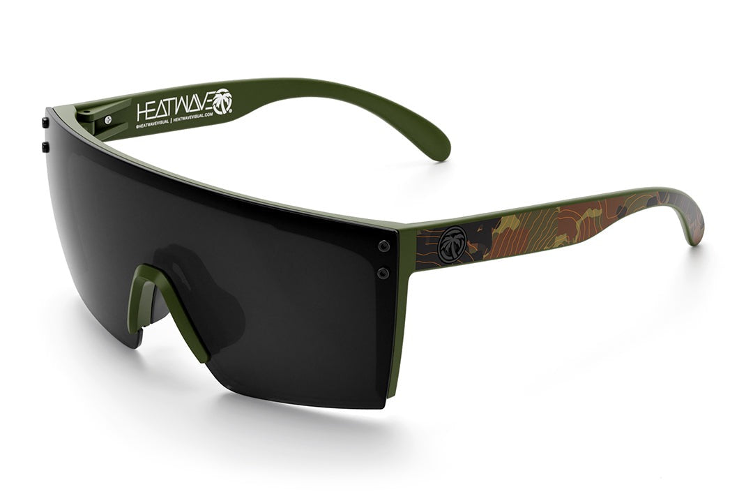 Heat Wave Visual Lazer Face Z87 Sunglasses with OD green fame, topo camo print arms and black lens.