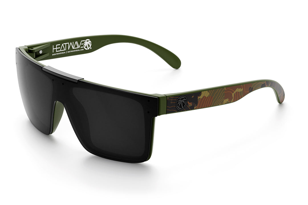 Heat Wave Visual Quatro Sunglasses with olive green frame, topo camo print arms and black lens.