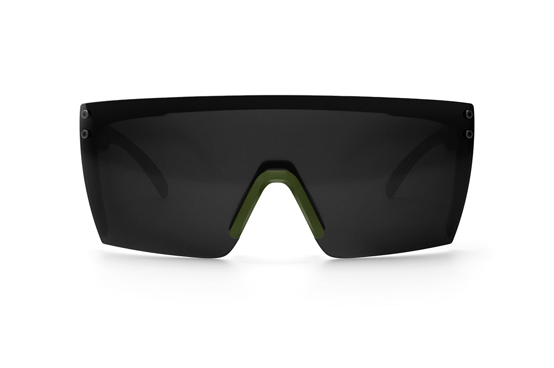 Front view of Heat Wave Visual Lazer Face Z87 Sunglasses with OD green fame, topo camo print arms and black lens.