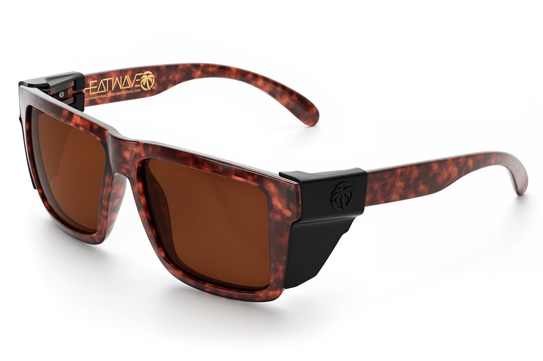 Heat Wave Visual XL Vise Sunglasses with tortoise frame, tortoise arms, brown lenses and black side shields.