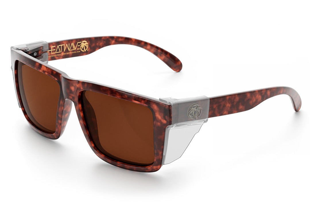 Heat Wave Visual XL Vise Sunglasses with tortoise frame, tortoise arms, brown lenses and clear side shields.