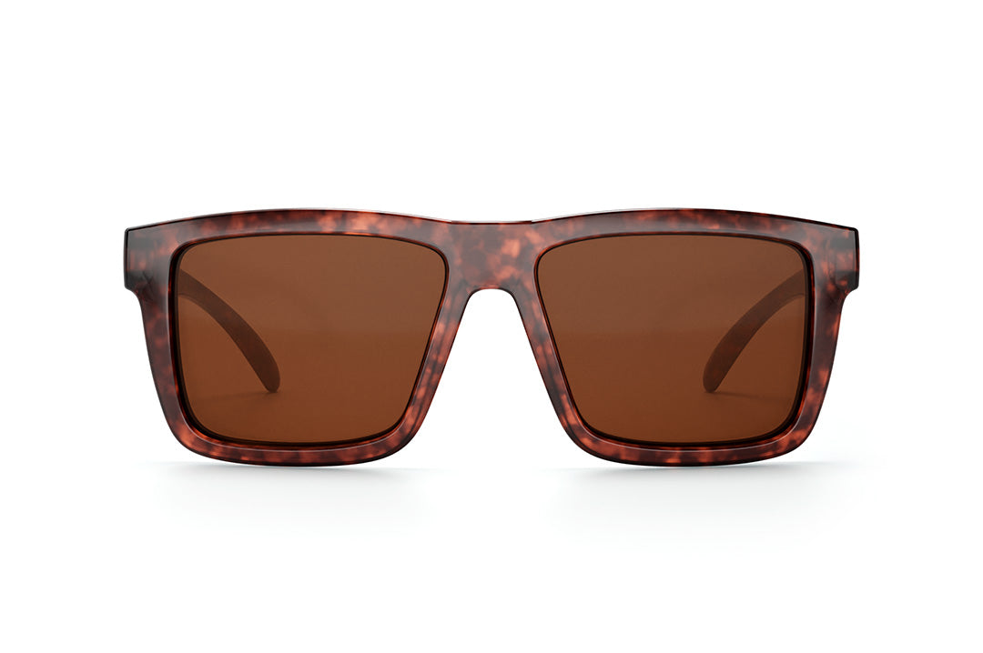 Front view of Heat Wave Visual XL Vise Sunglasses with tortoise frame, tortoise arms and brown lenses.