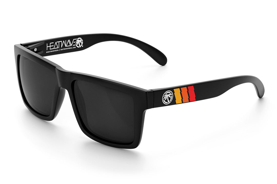 Heat Wave Visual Vise Sunglasses with black frame, turbo print arms and black lenses.