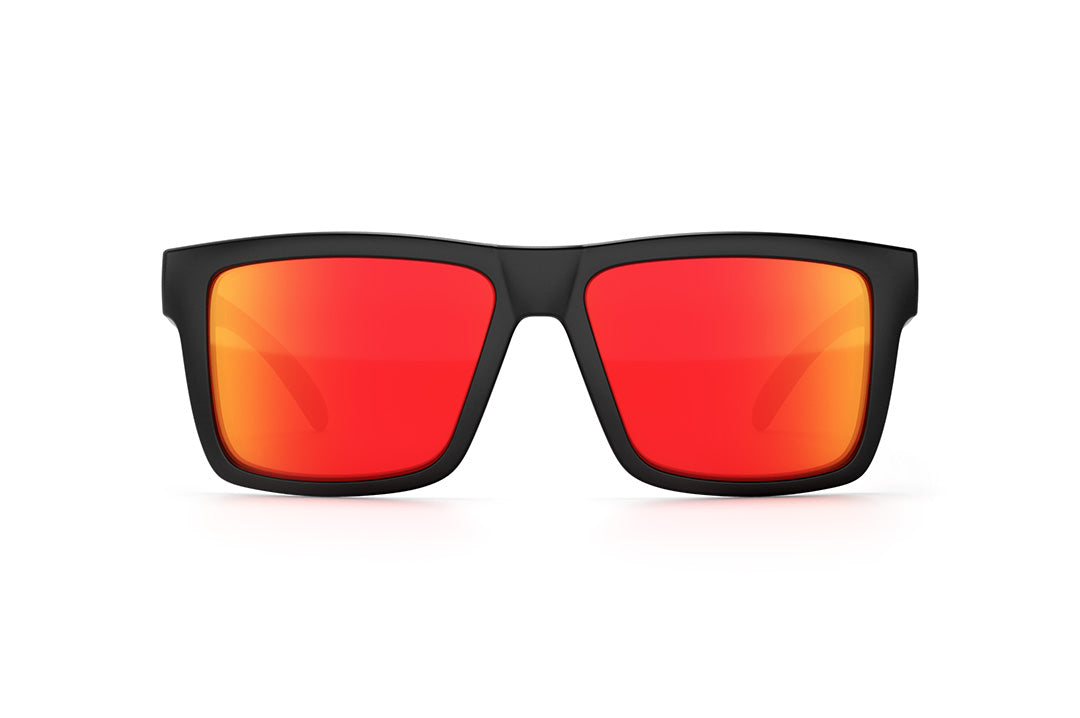 Front view of Heat Wave Visual Vise Sunglasses with black frame, turbo print arms and sunblast orange yellow lenses.