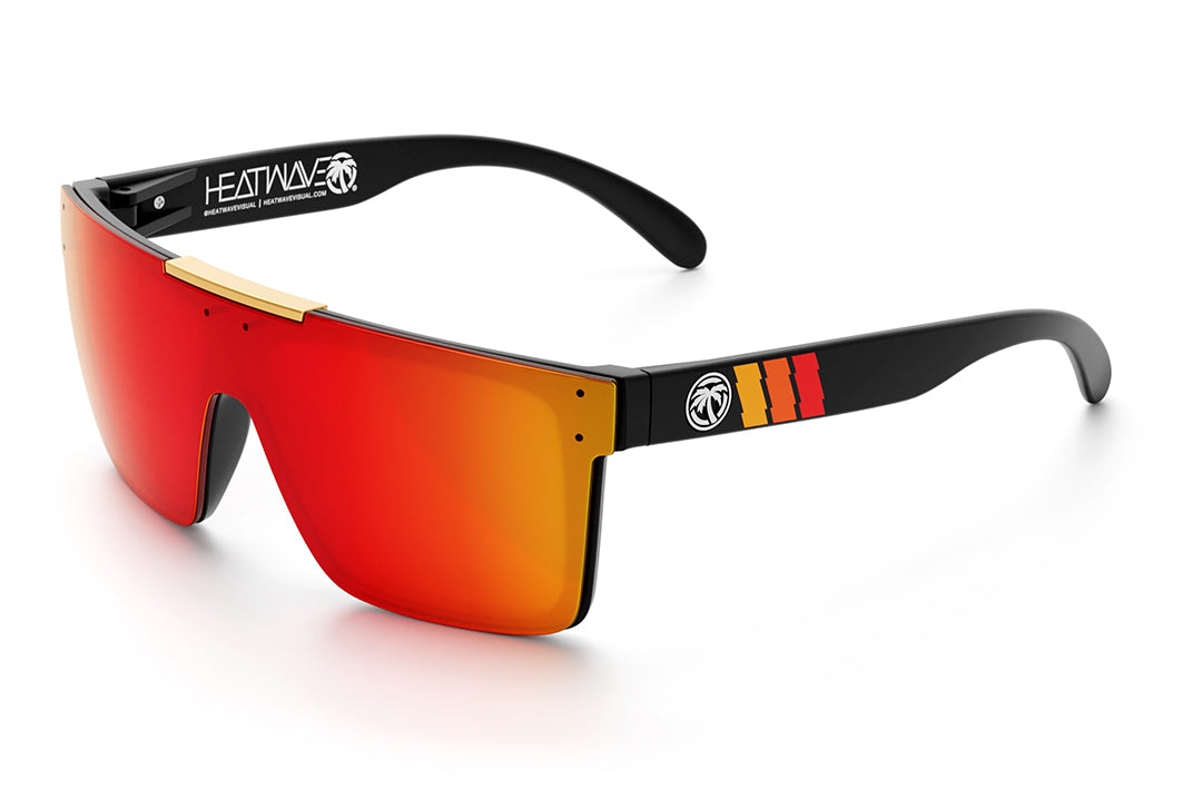 Heat Wave Visual Quatro Sunglasses with black frame, turbo print arms and sunblast orange yellow lens.