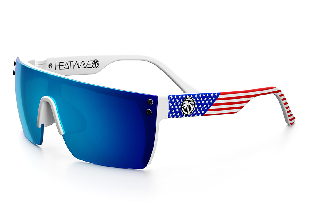 Heat Wave Visual Lazer Face kids sunglasses white frame, USA print arms and galaxy blue lens.