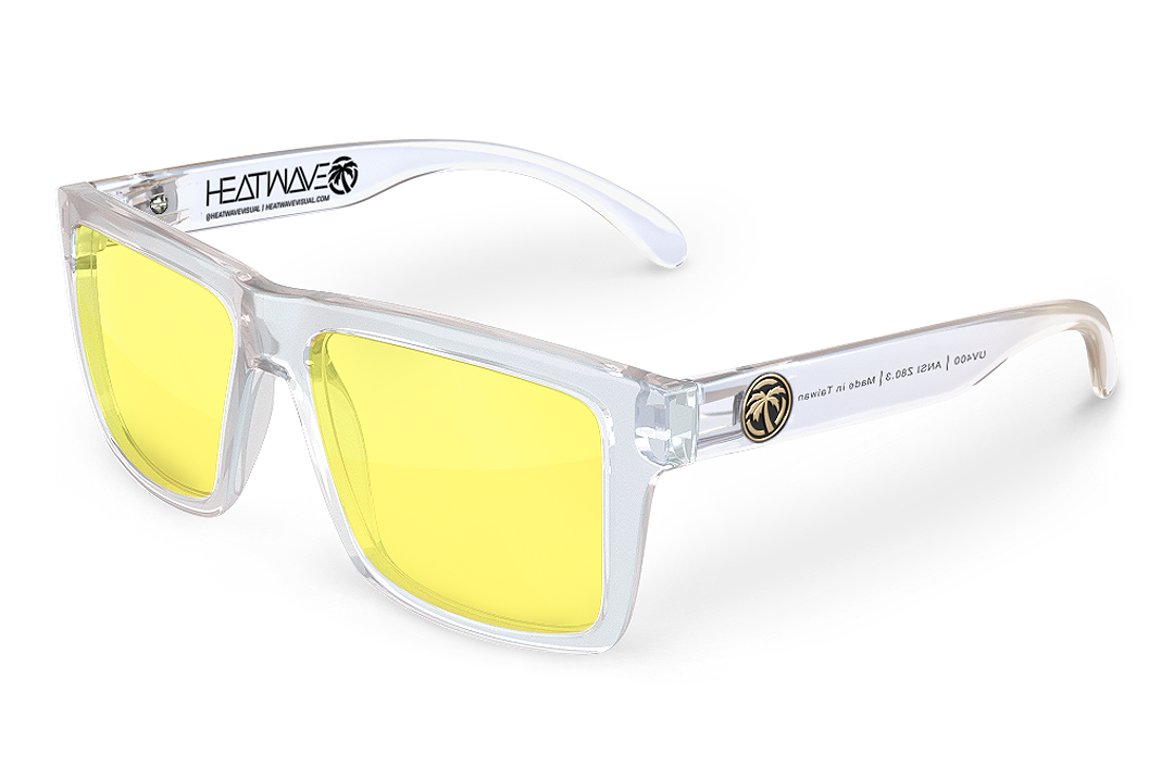 Heat Wave Visual Vise Z87 Sunglasses with clear frame and hi-vis yellow lenses. 