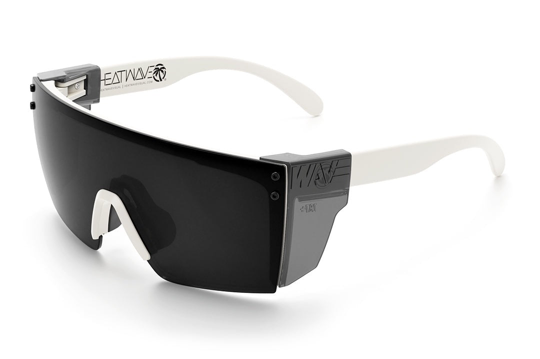 Heat Wave Visual Lazer Face Z87 Sunglasses with white frame, black lens and smoke side shields.