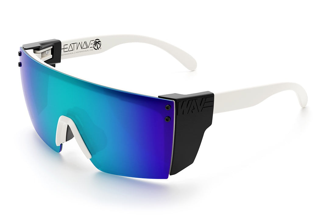Heat Wave Visual Lazer Face Z87 Sunglasses with white frame, galaxy blue lens and black side shields.
