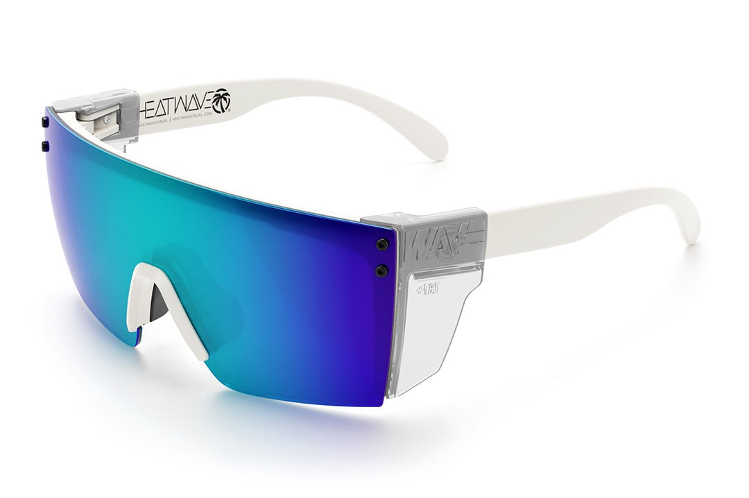 Heat Wave Visual Lazer Face Z87 Sunglasses with white frame, galaxy blue lens and clear side shields.