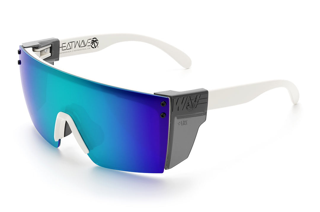 Heat Wave Visual Lazer Face Z87 Sunglasses with white frame, galaxy blue lens and smoke side shields.