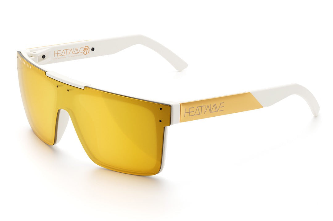 Heat Wave Visual Quatro Sunglasses with white frame, gold metal arms and polarized gold lens.