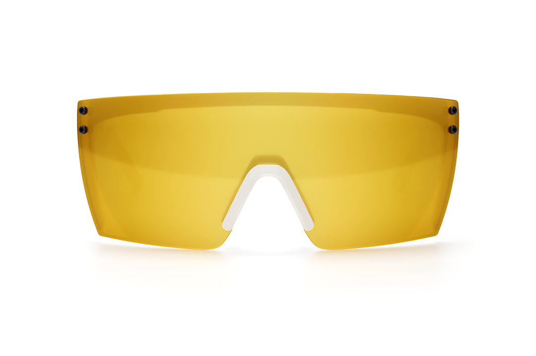 Front view of Heat Wave Visual Lazer Face Sunglasses with white frame, gold metal arms and gold lens.