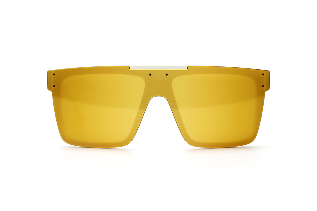 Front of Heat Wave Visual Quatro Sunglasses with white frame, gold metal arms and gold lens.