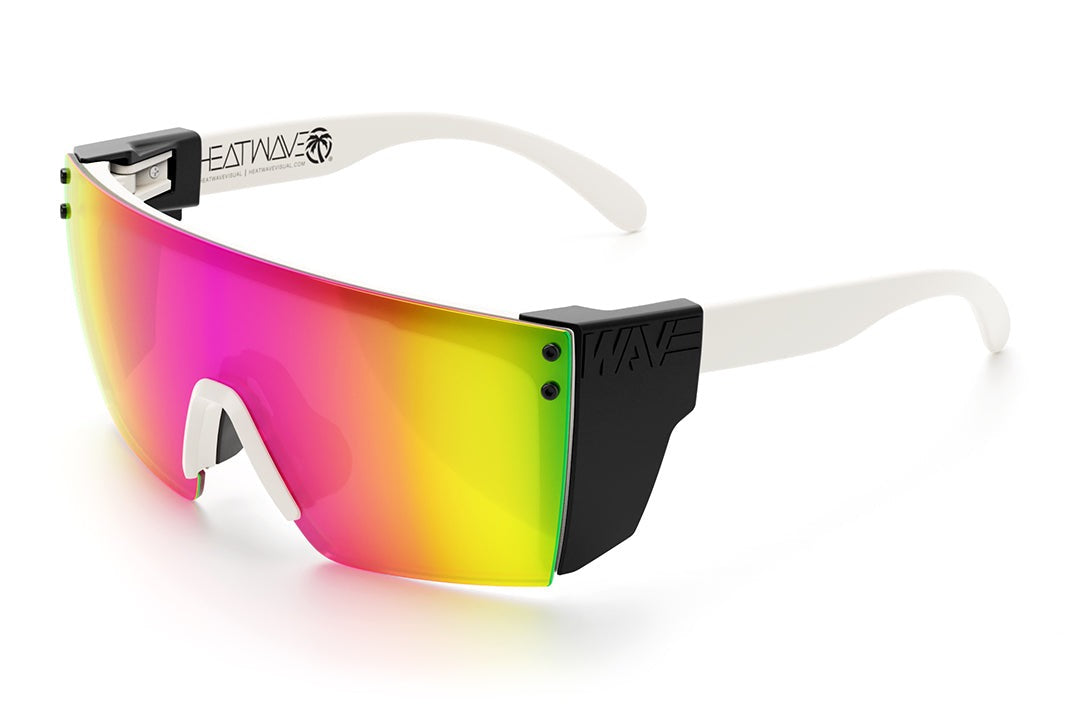 Heat Wave Visual Lazer Face Z87 Sunglasses with white frame, spectrum pink yellow lens and black side shields.