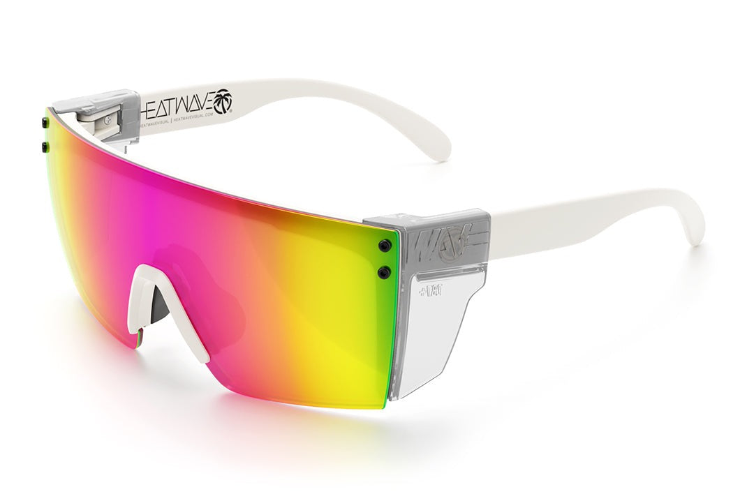 Heat Wave Visual Lazer Face Z87 Sunglasses with white frame, spectrum pink yellow lens and clear side shields.