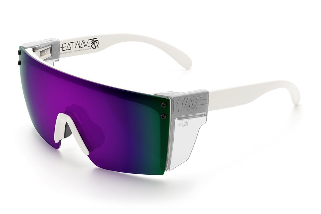 Heat Wave Visual Lazer Face Z87 Sunglasses with white frame, ultra violet lens and clear side shields.