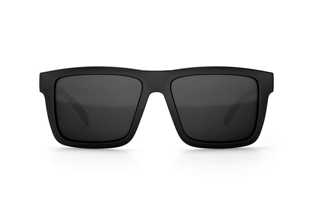 Front view of Heat Wave Visual XL Vise Sunglasses with black frame, woodgrain print arms and black lenses.