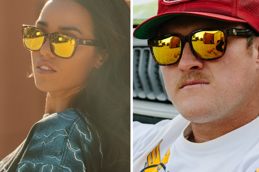 Young women and man both wearing Heat Wave Visual Apollo Sunglasses with tortoise brown frame and gold lenses.