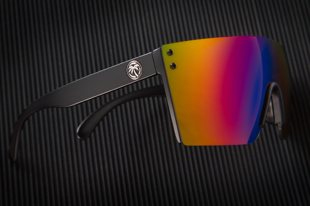Side view of Heat Wave Visual Lazer Face Z87 Sunglasses with black frame and atmosphere red blue lens.