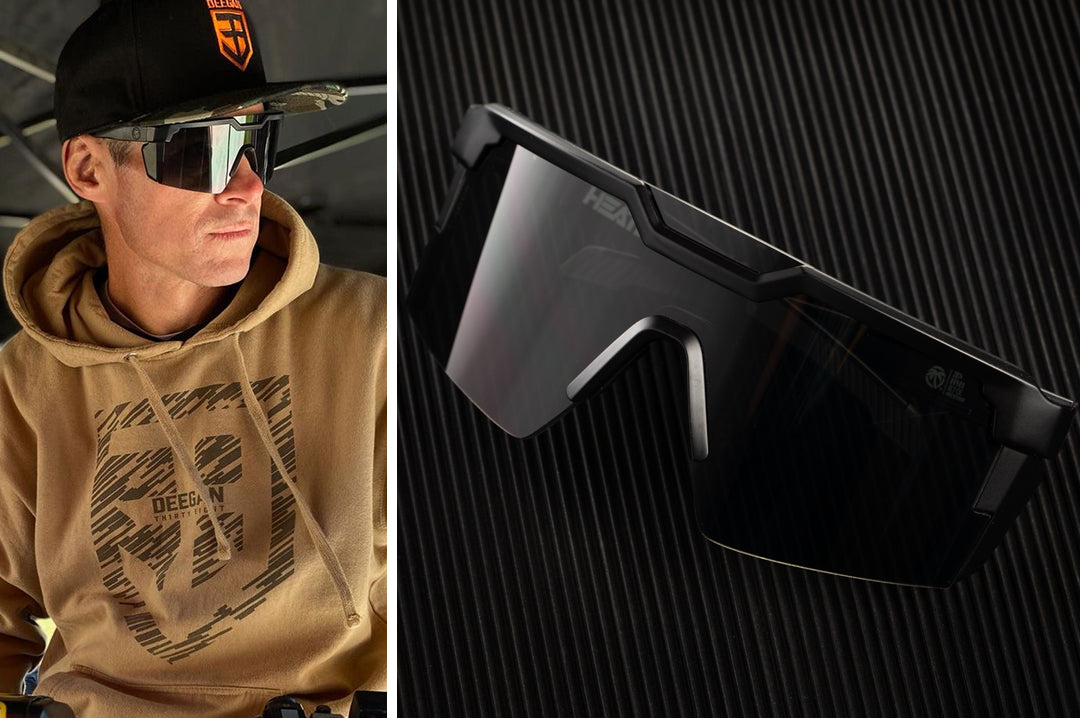 Professional Dirt Biker Brian Deegan wearing Heat Wave Visual Future Tech Sunglasses with black frame and black lens.