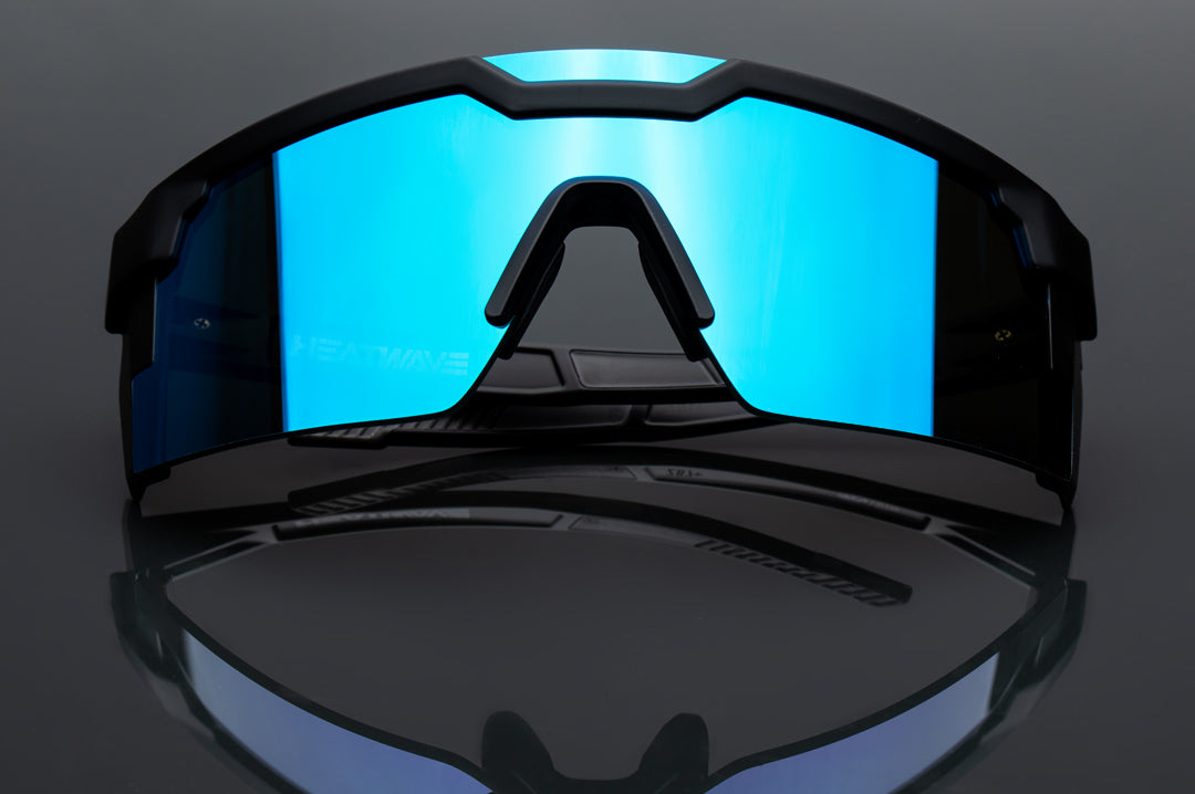Front of Heat Wave Visual Future Tech Sunglasses with black frame and galaxy blue lens.