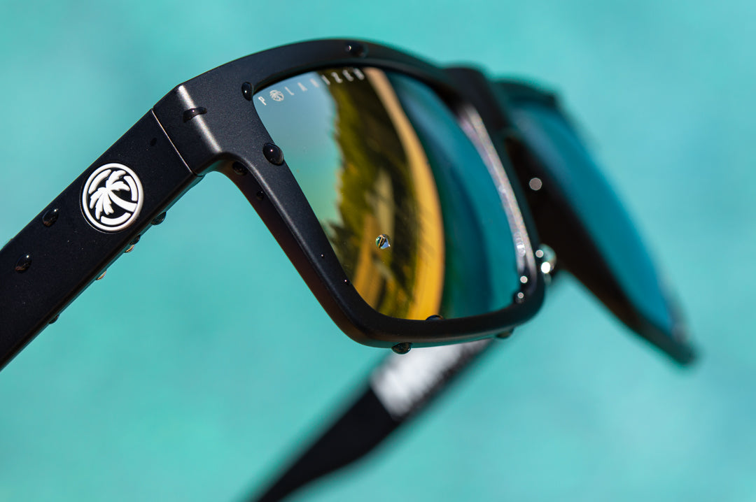 Close up of Heat Wave Visual Vise Floating Sunglasses polarized lenses..