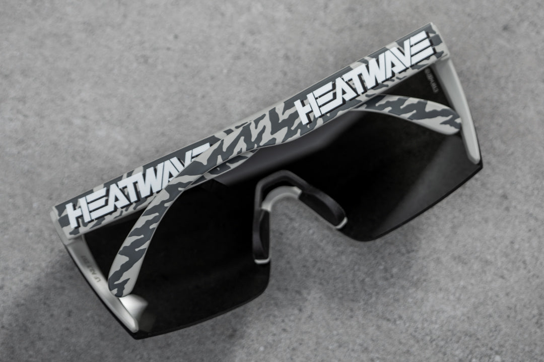 Back view of Heat Wave Visual Lazer Face Z87 Sunglasses with grey frame, hydroshock print arms and black lens.