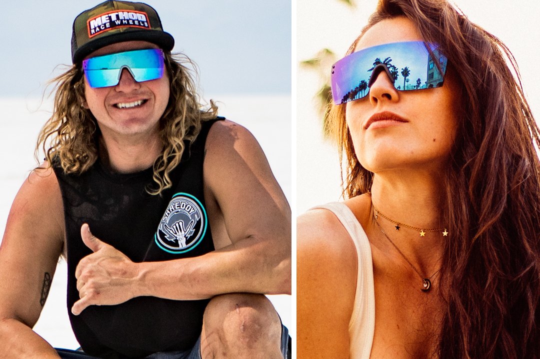 Blake Wilkey wearing Heat Wave Visual Lazer Face Z87 Sunglasses with black frame and galaxy blue lens. 