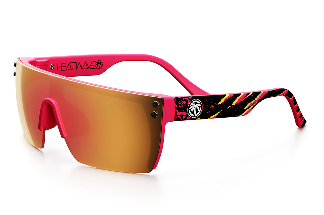 Heat Wave Visual Lazer Face kids sunglasses pink frame, pink splatter print arms and rose gold lens.