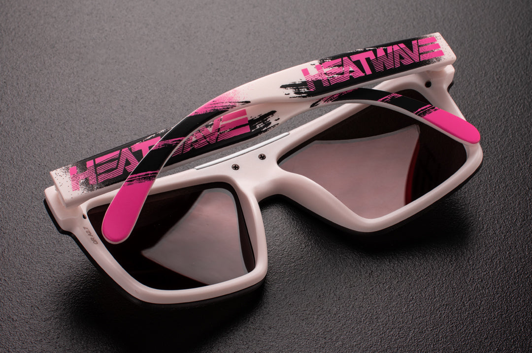 Back of Heat Wave Visual Quatro Sunglasses with white frame, pink logo print arms and rose gold lens.