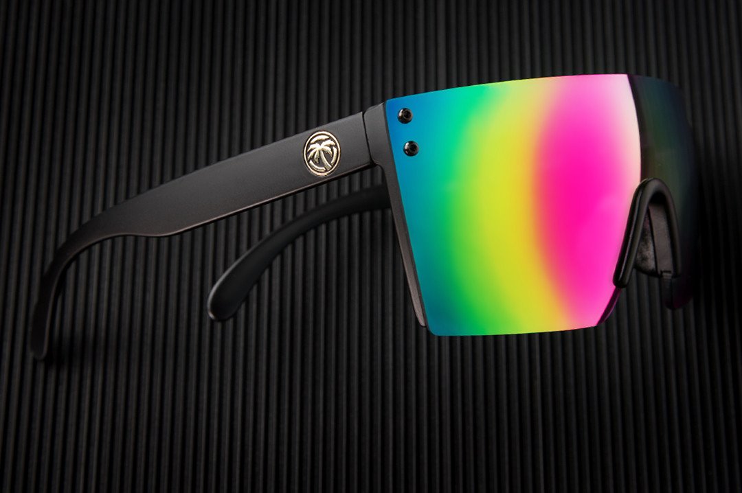 Side view of Heat Wave Visual Lazer Face Z87 Sunglasses with black frame and spectrum pink yellow lens.