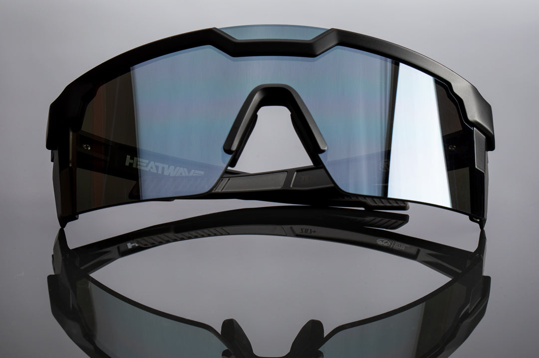 Front of Heat Wave Visual Future Tech Sunglasses with black frame and silver lens.