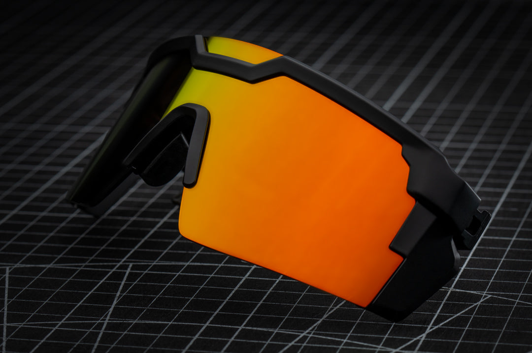 Heat Wave Visual Future Tech Sunglasses with black frame and sunblast orange yellow lens.