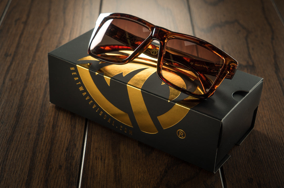 Heat Wave Visual Vise Sunglasses with tortoise frame and brown gradient lenses on top of a box.