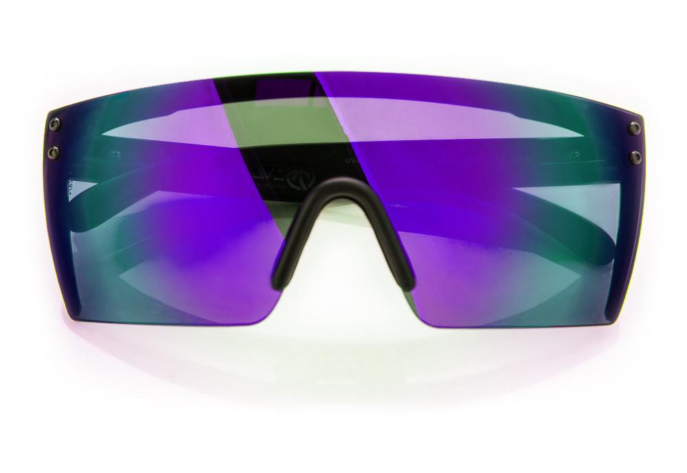 Heat Wave Visual Lazer Face Z87 Sunglasses with black frame and ultra violet lens lying on a white table.