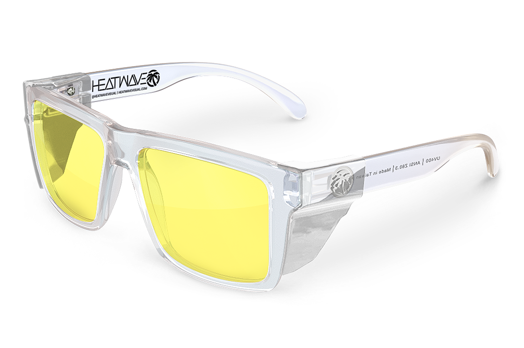 Heat Wave Visual Vise Z87 Sunglasses with clear frame, hi-vis yellow lenses and clear side shields.