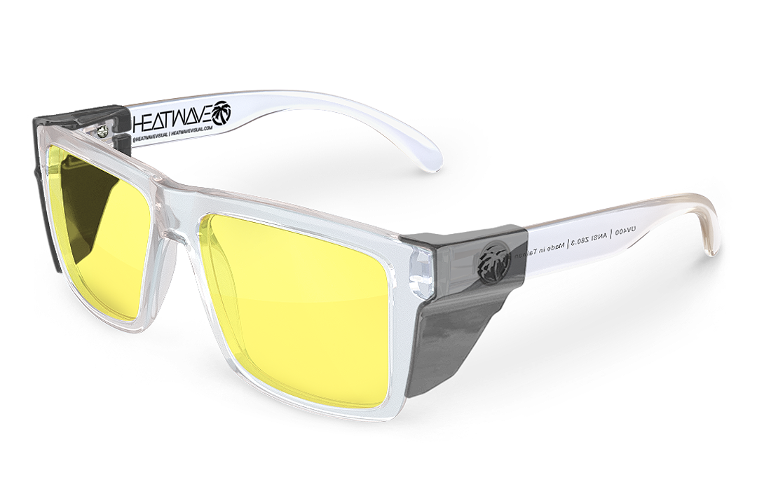 Heat Wave Visual Vise Z87 Sunglasses with clear frame, hi-vis yellow lenses and smoke side shields.