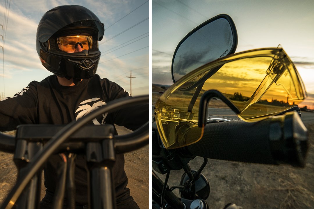 Man riding a motorcycle wearing Heat Wave Visual Lazer Face Z87 Sunglasses with clear frame, black nose piece and hi-vis yellow lens.